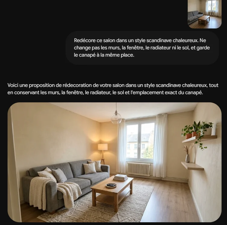 Déco IA gratuite avec Gemini : la demande en une phrase et le salon redécoré en style scandinave