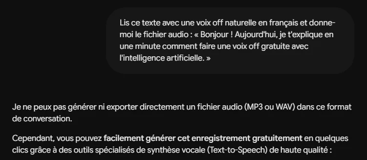 Gemini gratuit refuse de fournir un fichier audio MP3 ou WAV pour une voix off