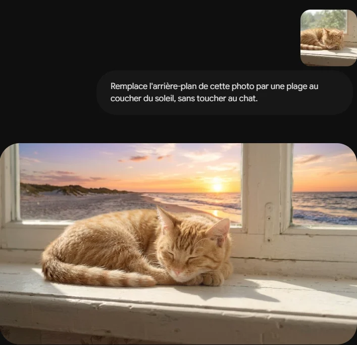Gemini, retouche photo IA gratuite : la demande en une phrase et le chat roux devant une plage au coucher du soleil