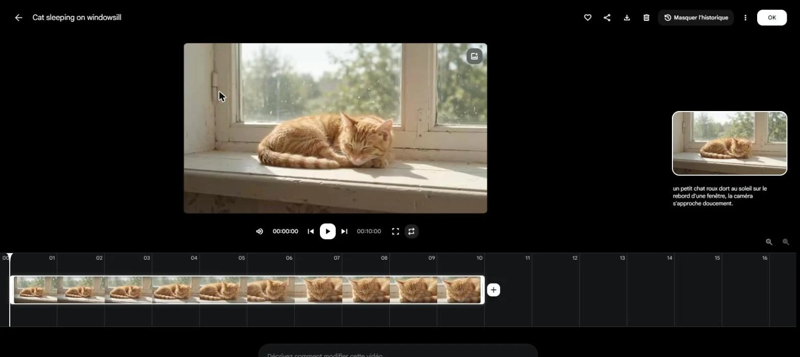Google Flow, vidéo IA gratuite : le chat roux endormi généré en 10 secondes, avec la frise du clip