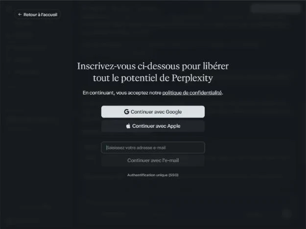Perplexity sans compte : à la deuxième question, un écran plein écran demande de s'inscrire