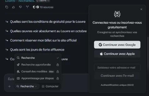 Perplexity sans compte : seule la recherche simple est ouverte, les autres modes sont verrouillés